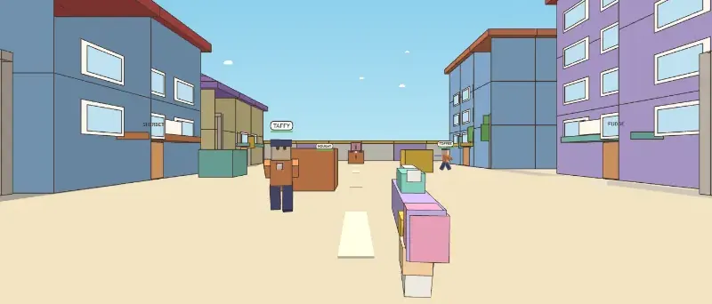 Rua da cidade de doces do Sugar Strike, com casas coloridas e céu de algodão-doce